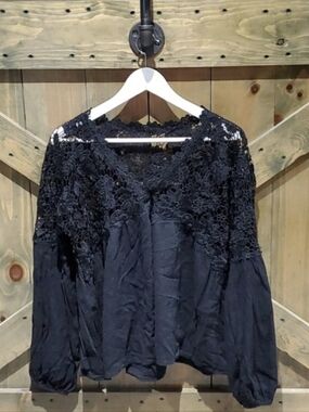 Free People Black Crochet Lace Yoke Long Sleeve Blouse